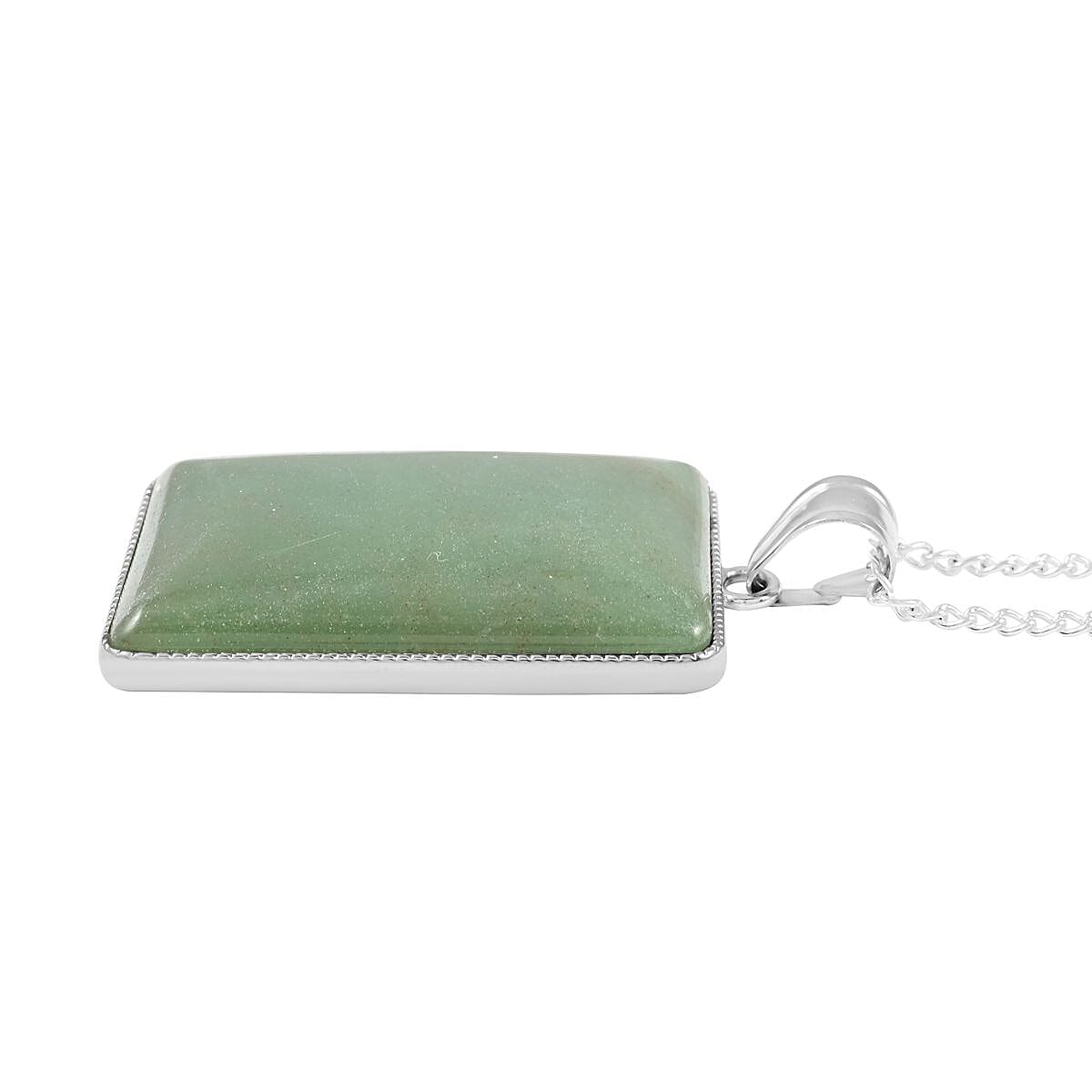 Green Aventurine Rectangle Frame Pendant Necklace 18 Inches in Silvertone 60.00 ctw