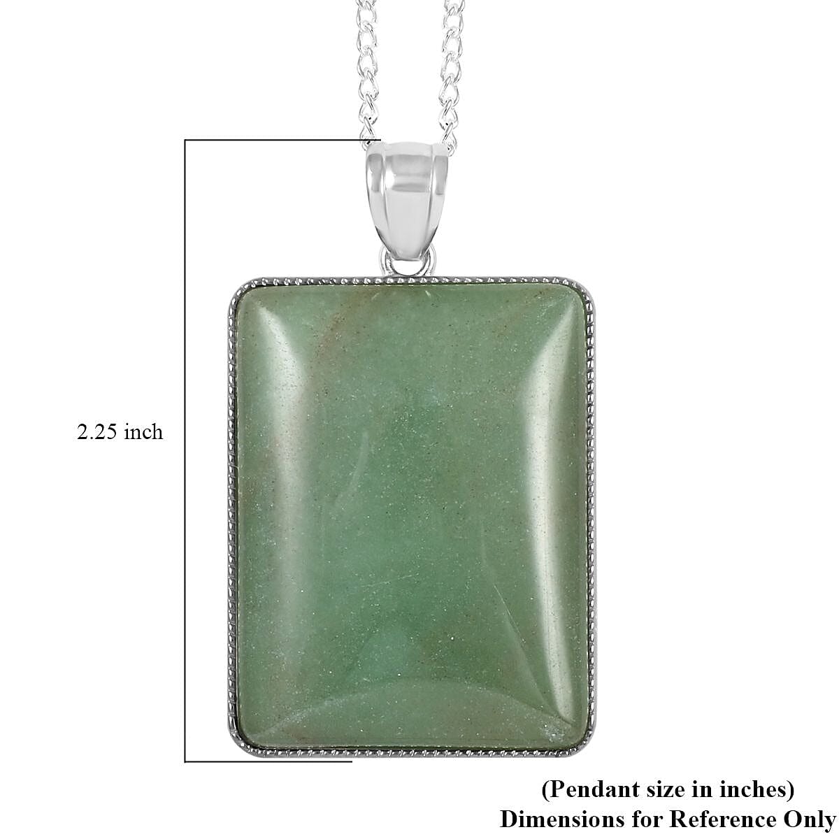 Green Aventurine Rectangle Frame Pendant Necklace 18 Inches in Silvertone 60.00 ctw