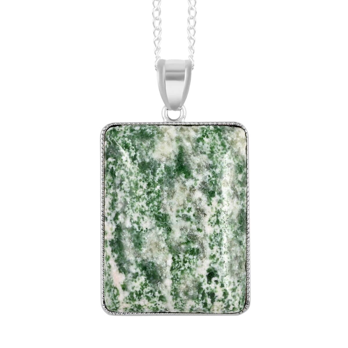 Green Agate Rectangle Frame Pendant Necklace 18 Inches in Silvertone 60.00 ctw image number 0