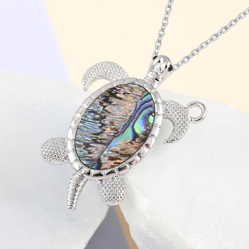 Abalone Shell Turtle Pendant Necklace 18 Inches in Silvertone