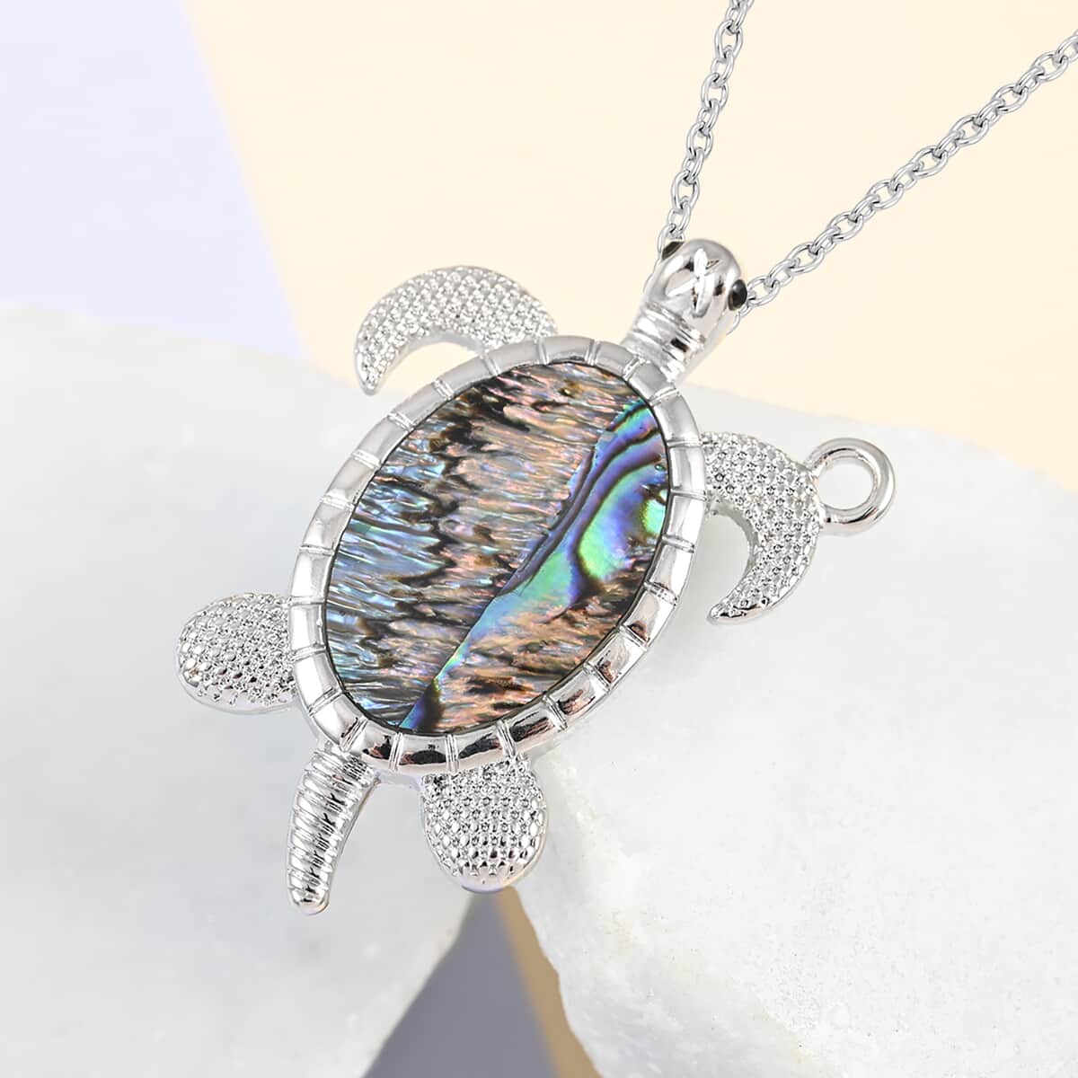 Abalone Shell Turtle Pendant Necklace 18 Inches in Silvertone image number 1