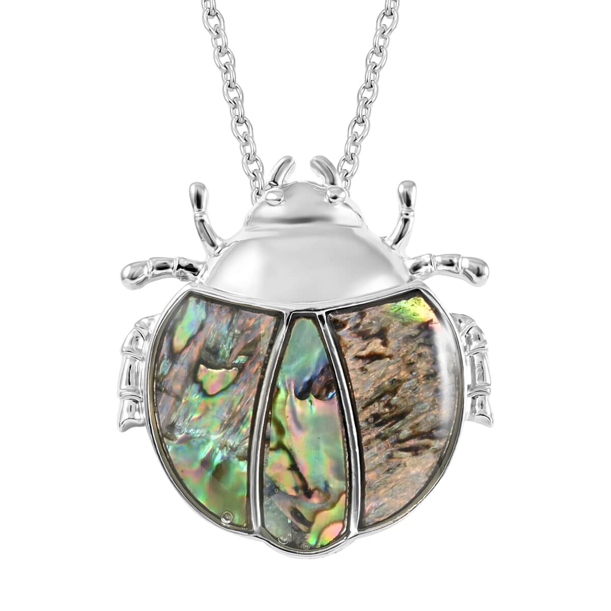 Abalone Shell Ladybug Pendant Necklace 18 Inches in Silvertone image number 0