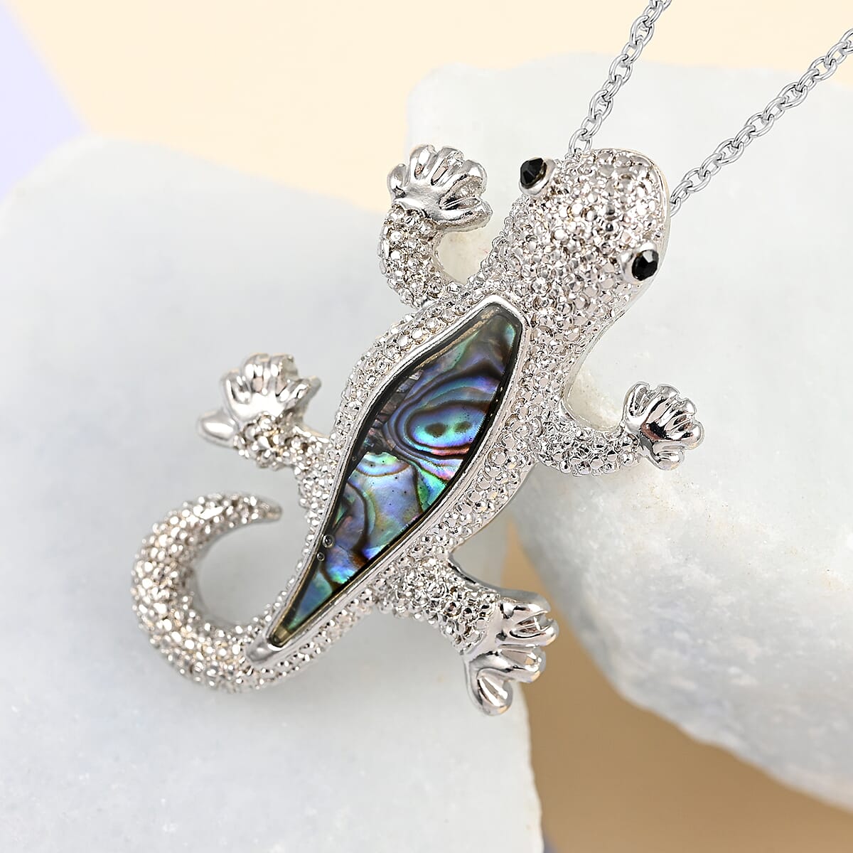 Abalone Shell and Black Austrian Crystal Lizard Pendant Necklace 18 Inches in Silvertone image number 1