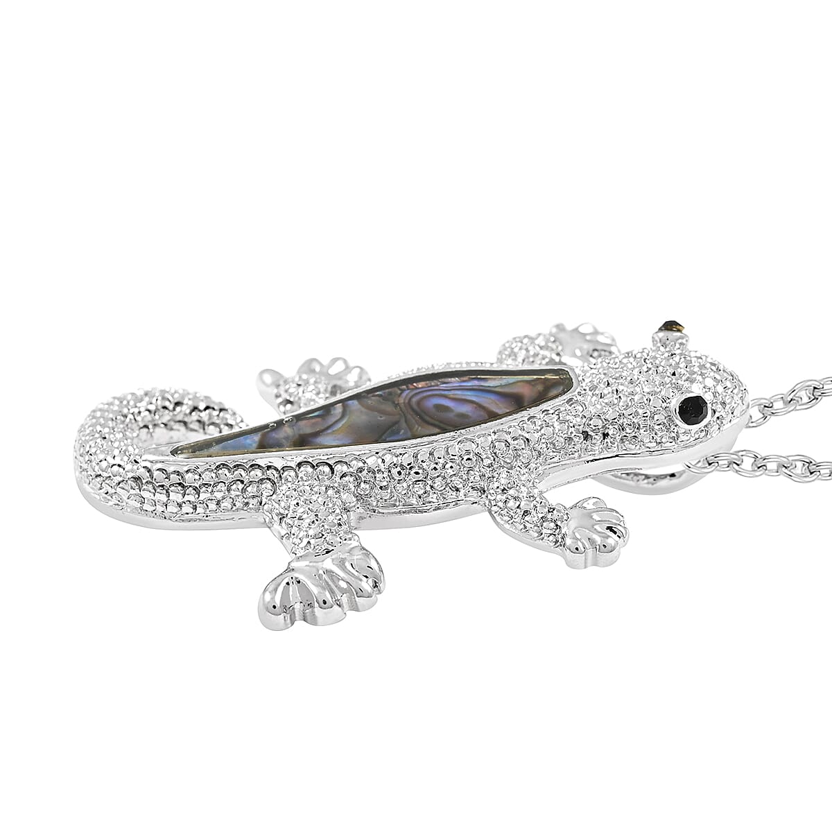 Abalone Shell and Black Austrian Crystal Lizard Pendant Necklace 18 Inches in Silvertone image number 2
