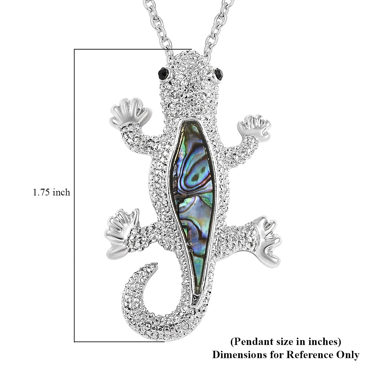 Abalone Shell and Black Austrian Crystal Lizard Pendant Necklace 18 Inches in Silvertone image number 4
