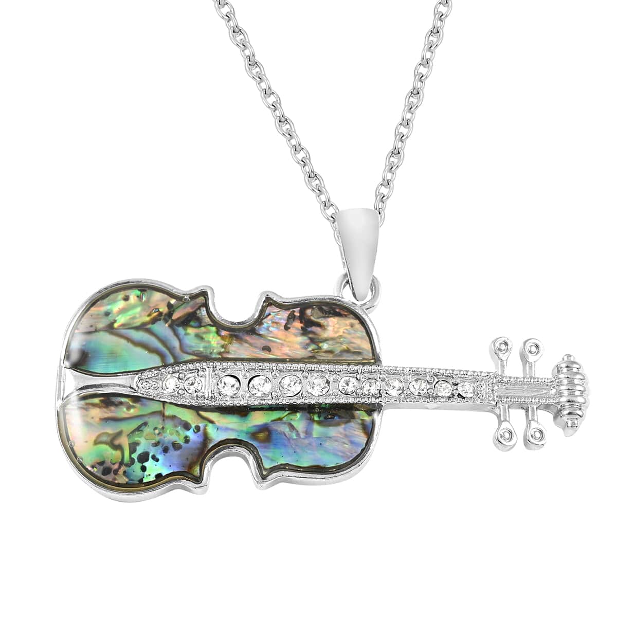 Abalone Shell and Austrian Crystal Guitar Pendant Necklace 18 Inches in Silvertone image number 0