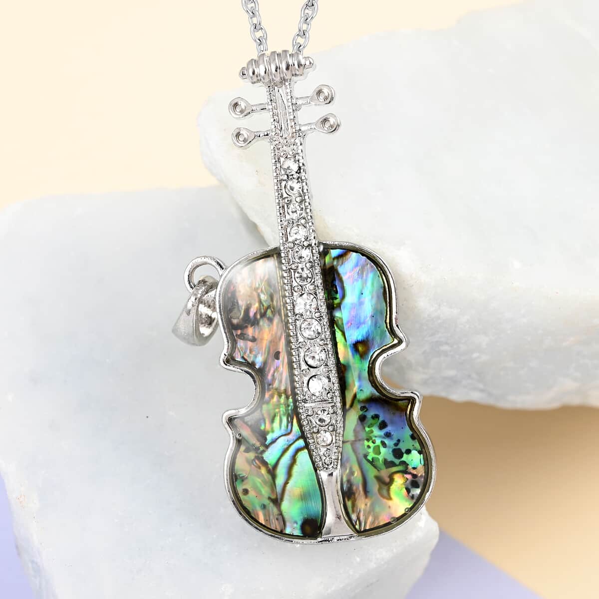 Abalone Shell and Austrian Crystal Guitar Pendant Necklace 18 Inches in Silvertone image number 1