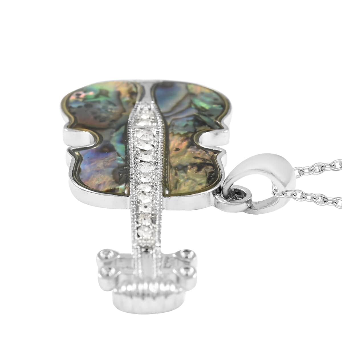 Abalone Shell and Austrian Crystal Guitar Pendant Necklace 18 Inches in Silvertone image number 2