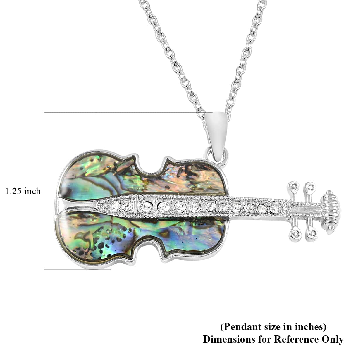 Abalone Shell and Austrian Crystal Guitar Pendant Necklace 18 Inches in Silvertone image number 3