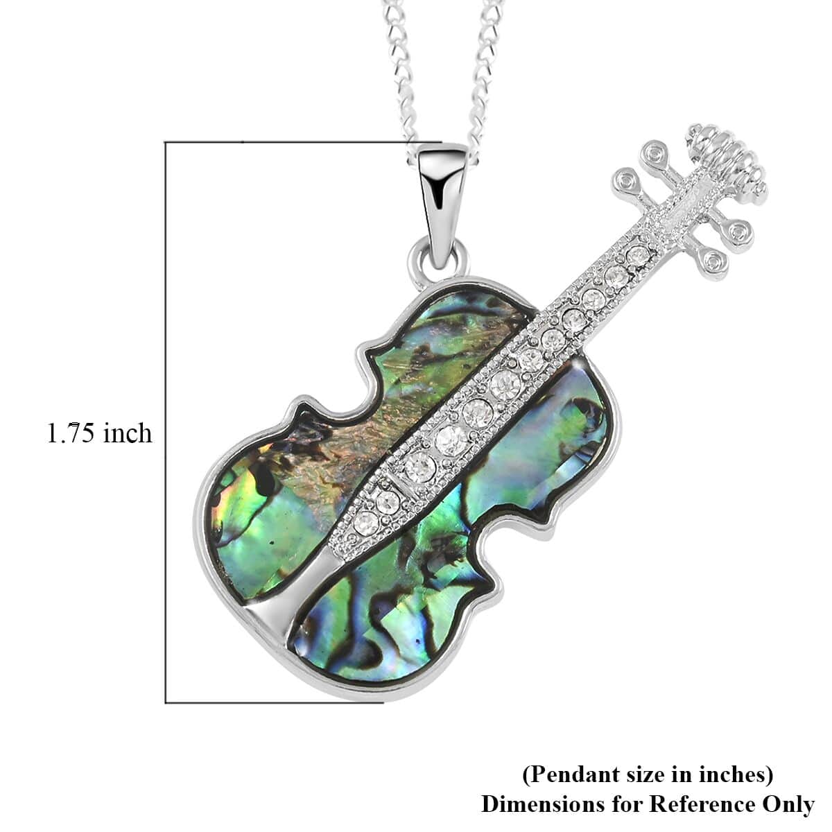 Abalone Shell and Austrian Crystal Guitar Pendant Necklace 18 Inches in Silvertone image number 5