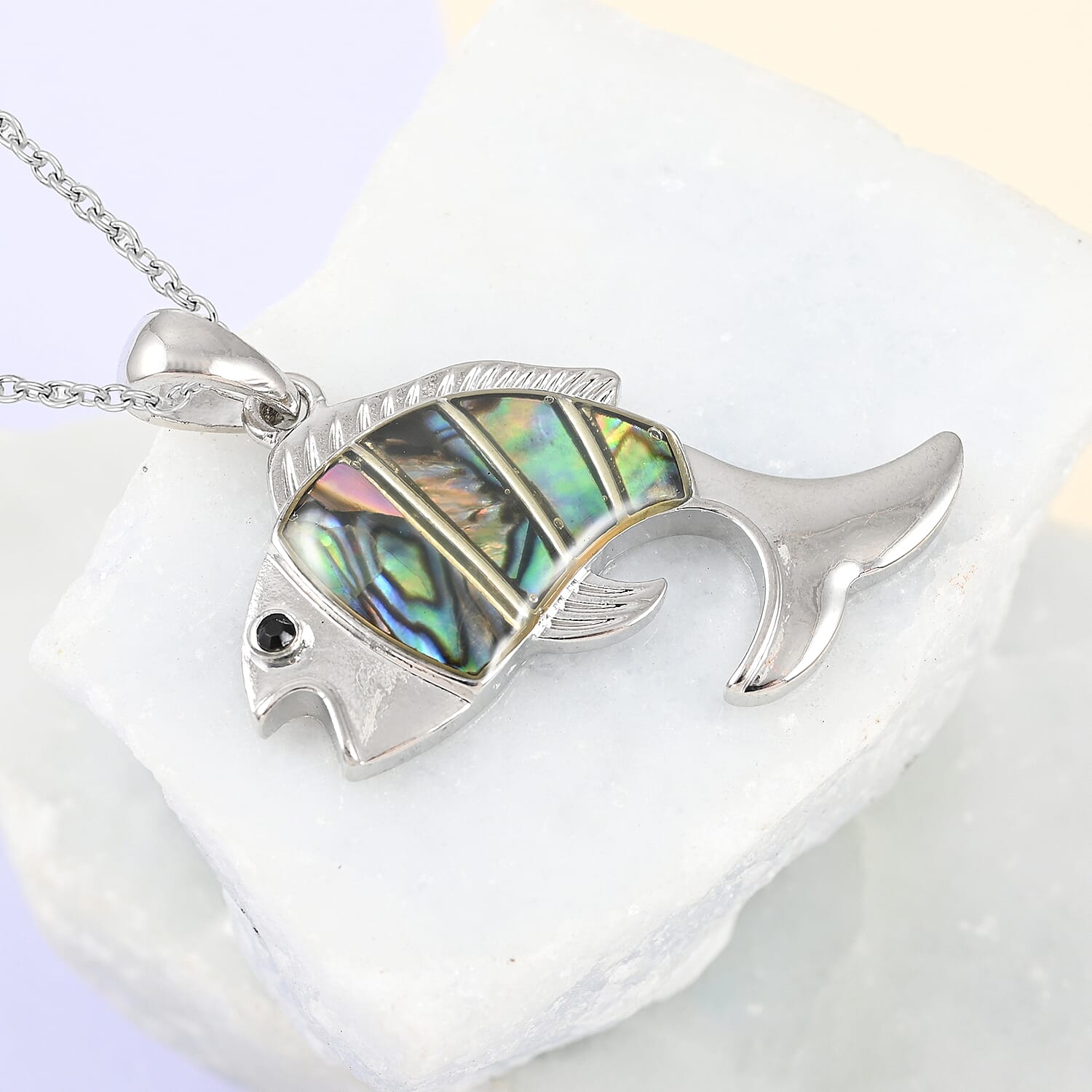 Abalone Shell, Black Austrian Crystal Fish Pendant Necklace 18 Inches in Silvertone 