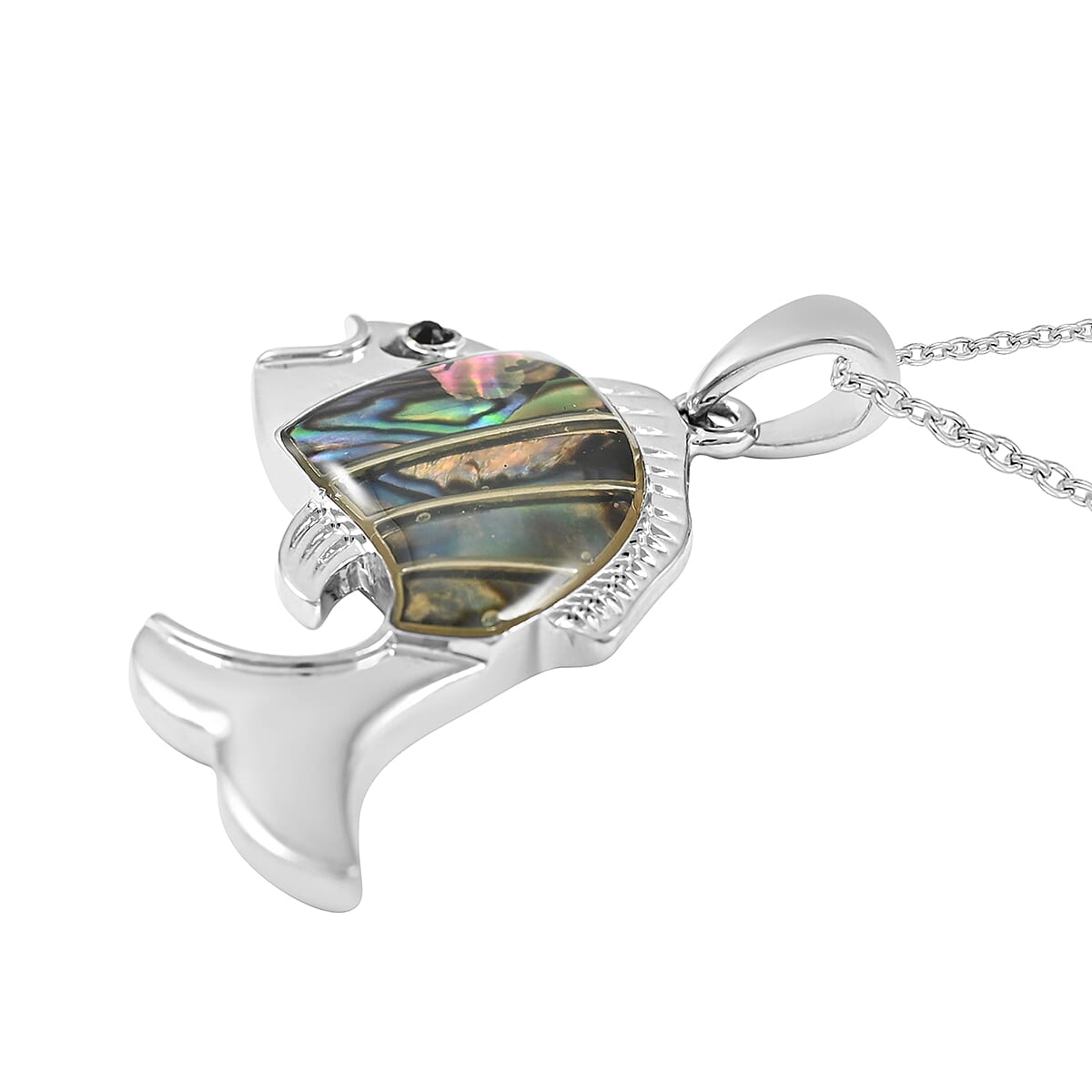 Abalone Shell, Black Austrian Crystal Fish Pendant Necklace 18 Inches in Silvertone 