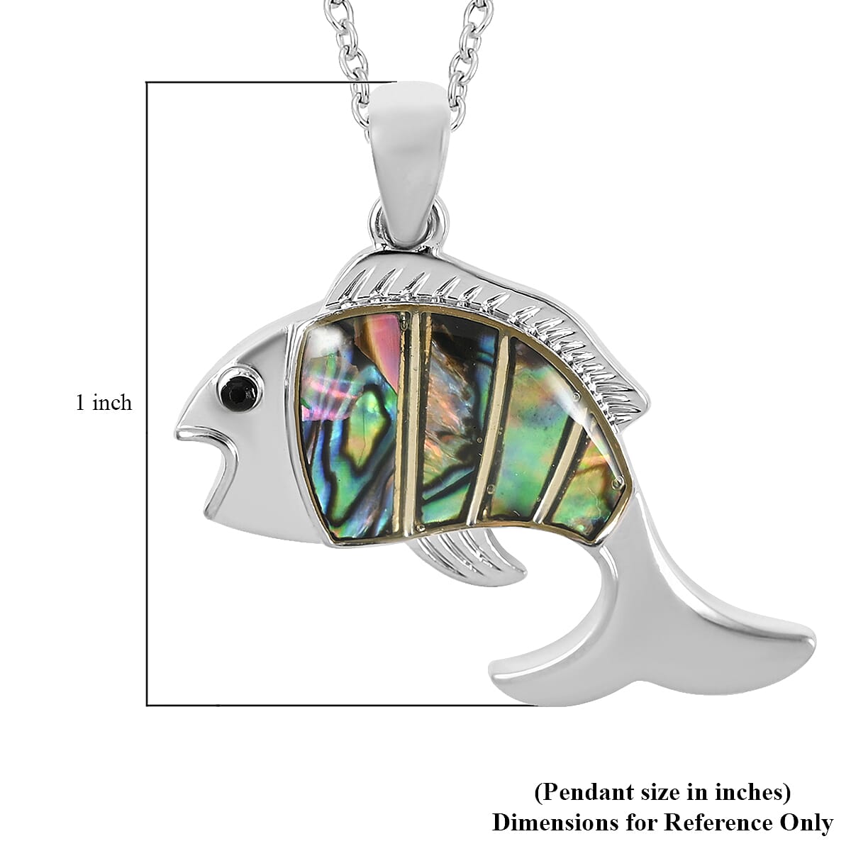 Abalone Shell, Black Austrian Crystal Fish Pendant Necklace 18 Inches in Silvertone 