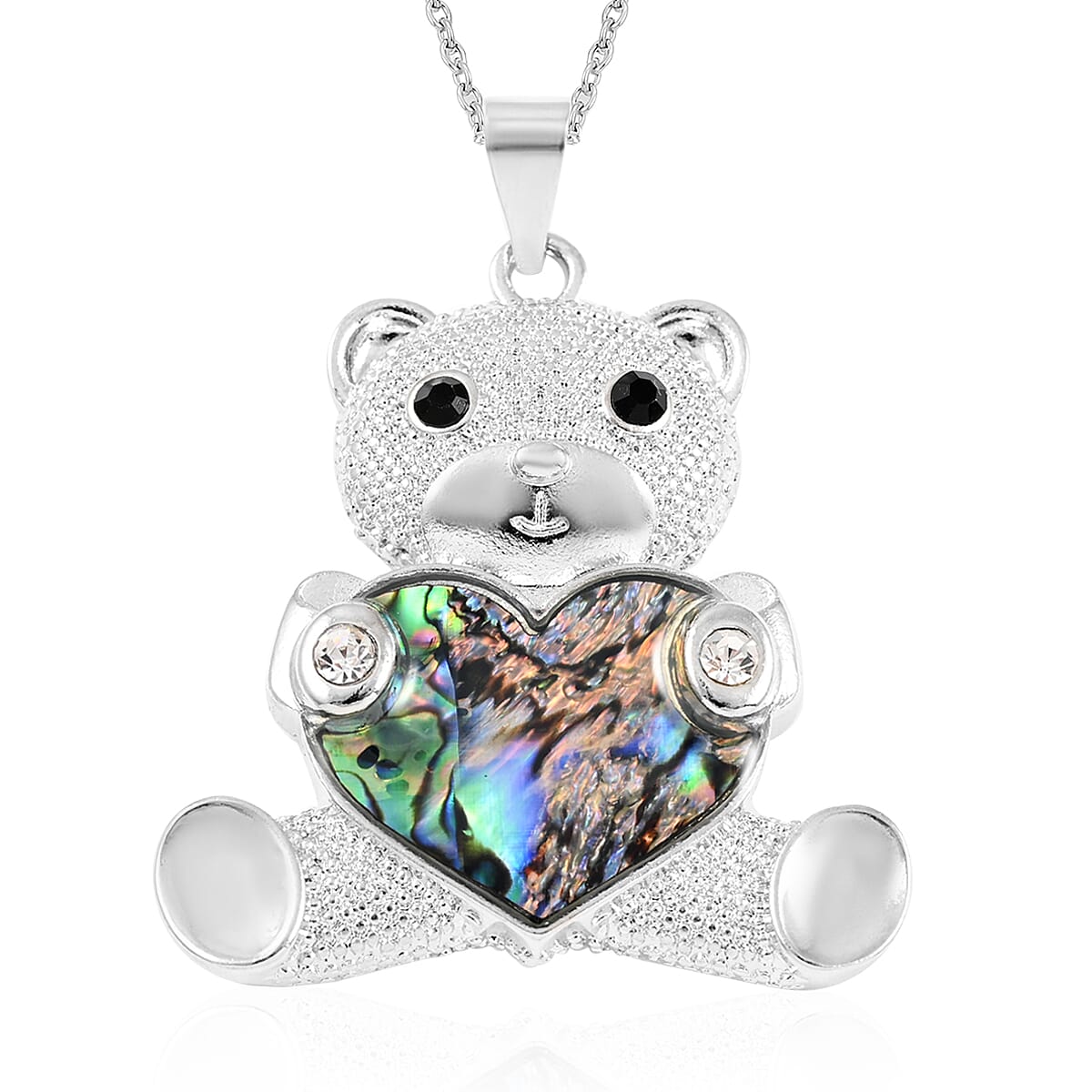 Abalone Shell, Black and White Austrian Crystal Bear Holding Heart Pendant Necklace 18 Inches in Silvertone