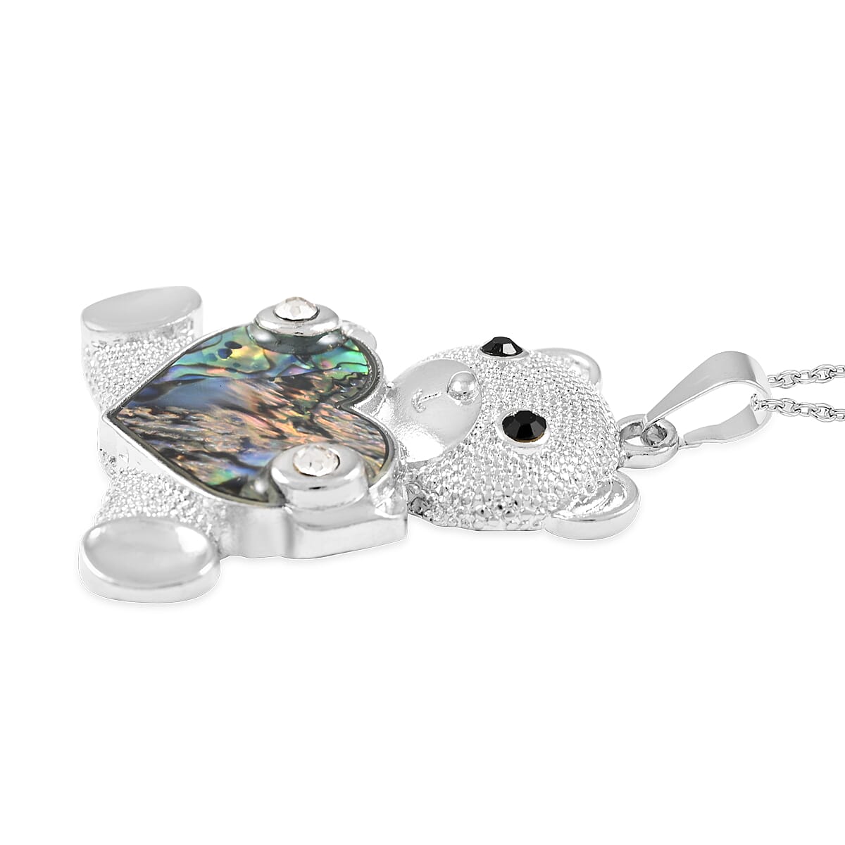 Abalone Shell, Black and White Austrian Crystal Bear Holding Heart Pendant Necklace 18 Inches in Silvertone