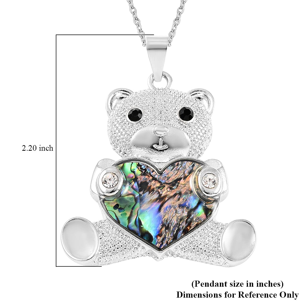Abalone Shell, Black and White Austrian Crystal Bear Holding Heart Pendant Necklace 18 Inches in Silvertone