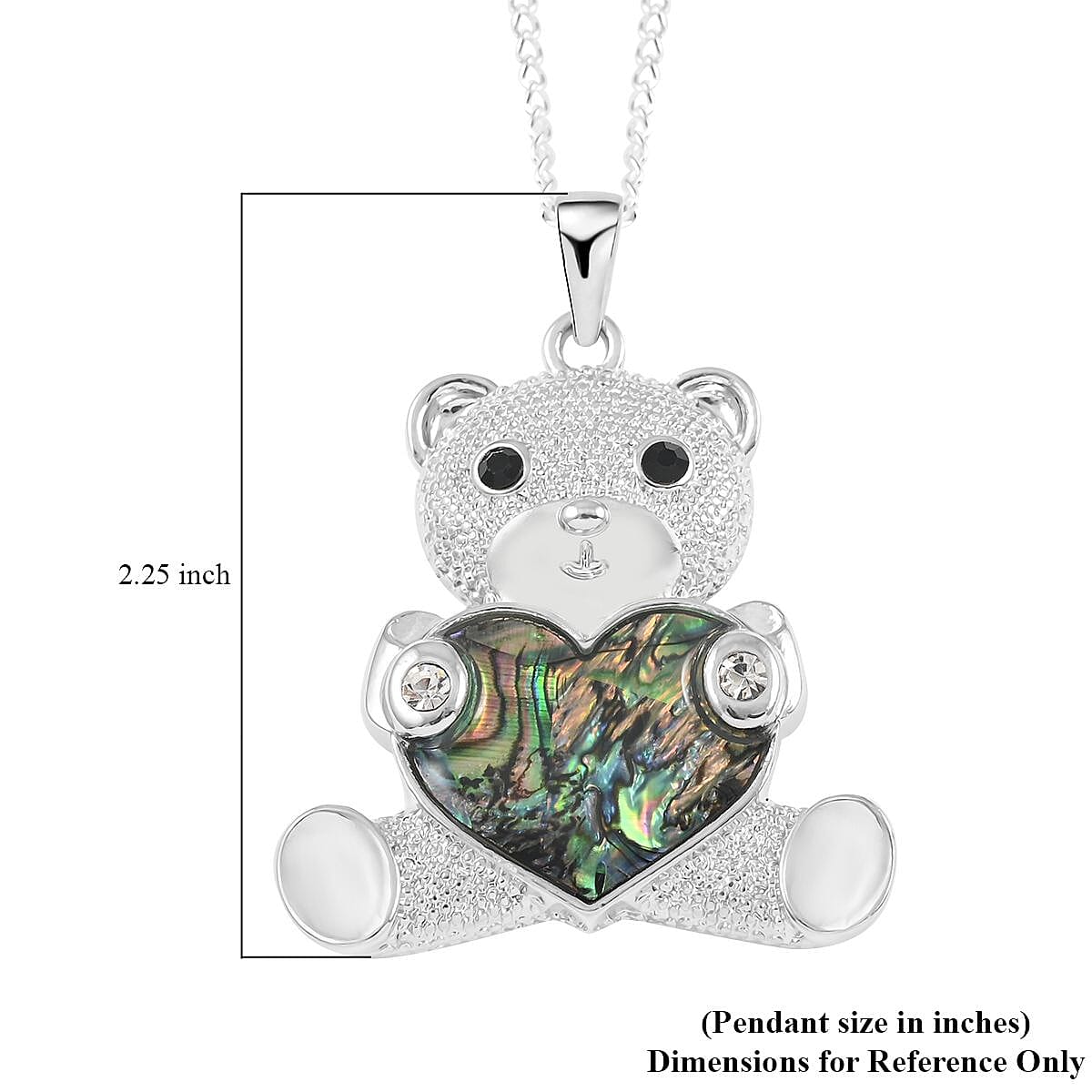 Abalone Shell, Black and White Austrian Crystal Bear Holding Heart Pendant Necklace 18 Inches in Silvertone