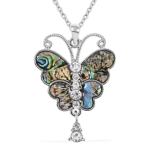 Abalone Shell and Austrian Crystal Butterfly Pendant Necklace 18 Inches in Silvertone