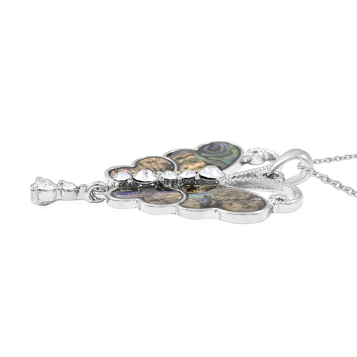 Abalone Shell and Austrian Crystal Butterfly Pendant Necklace 18 Inches in Silvertone image number 1