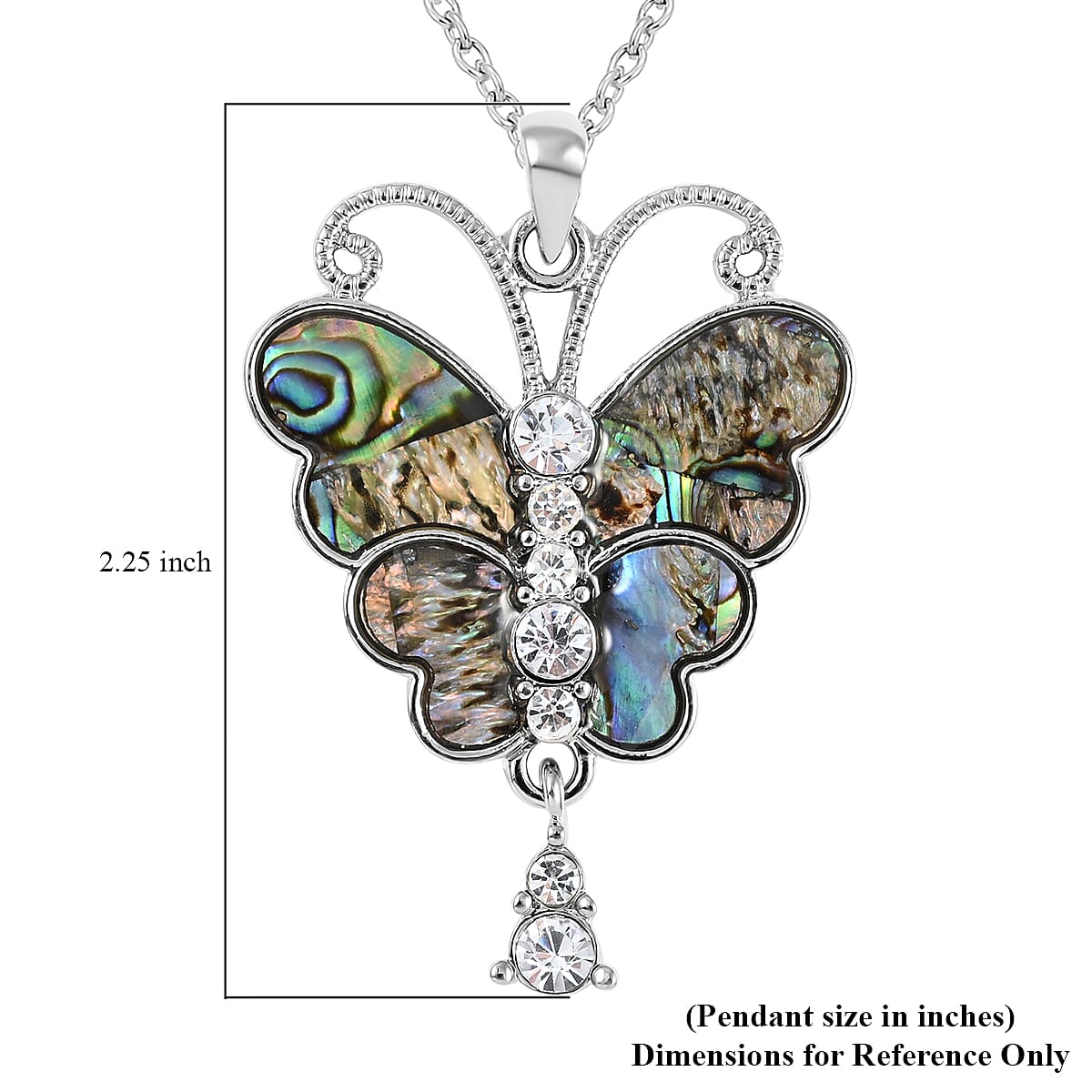 Abalone Shell and Austrian Crystal Butterfly Pendant Necklace 18 Inches in Silvertone image number 3