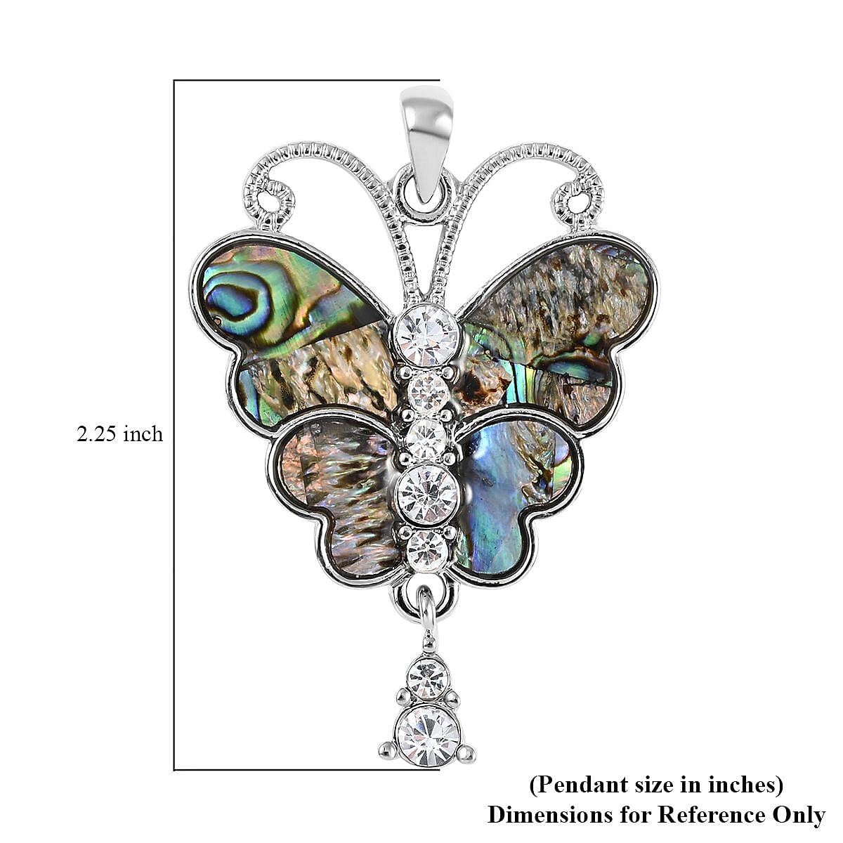 Abalone Shell and Austrian Crystal Butterfly Pendant Necklace 18 Inches in Silvertone image number 4
