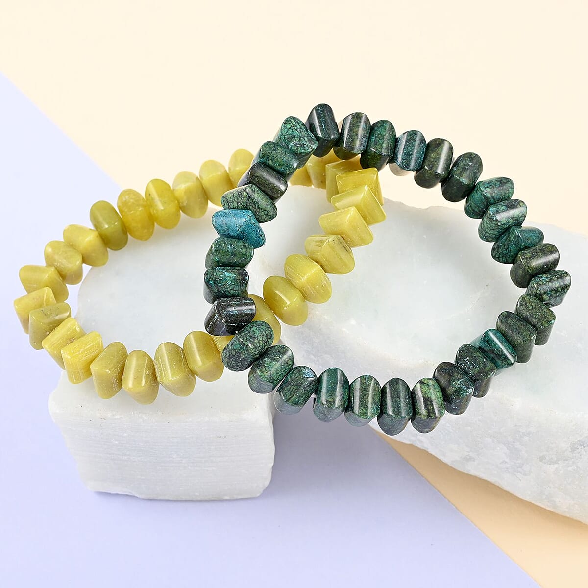 Set of 2 Chrysocolla Color Jasper and Olive Jade Pumpkin Beaded Stretch Bracelet 230.00 ctw image number 1