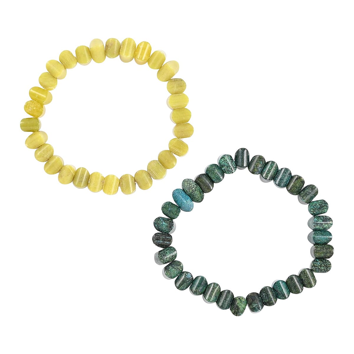 Set of 2 Chrysocolla Color Jasper and Olive Jade Pumpkin Beaded Stretch Bracelet 230.00 ctw image number 6