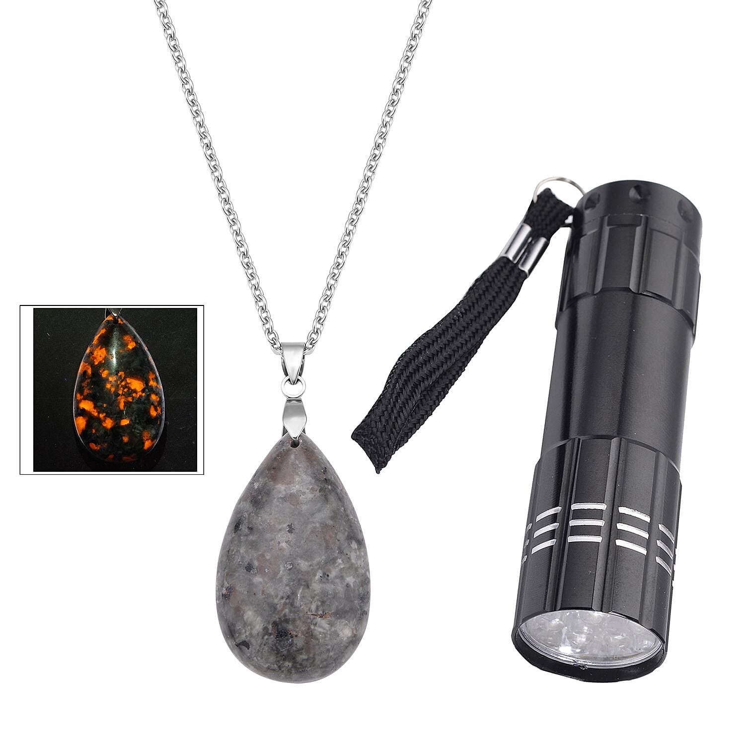 Natural Yooperlite Pear Shape Pendant in Sterling Silver with Stainless Steel Necklace 24 Inches with Free UV Flash Light 70.00 ctw
