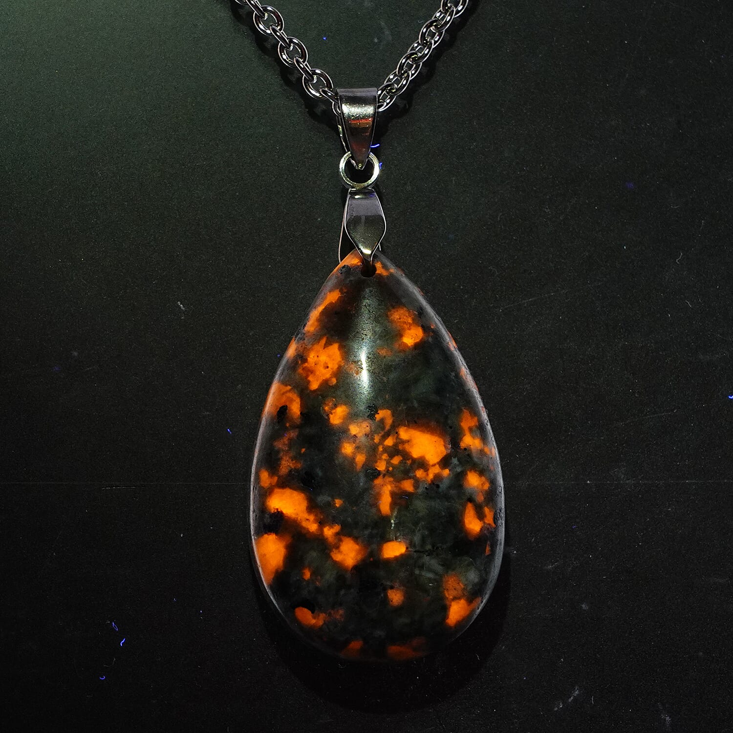 Natural Yooperlite Pear Shape Pendant in Sterling Silver with Stainless Steel Necklace 24 Inches with Free UV Flash Light 70.00 ctw