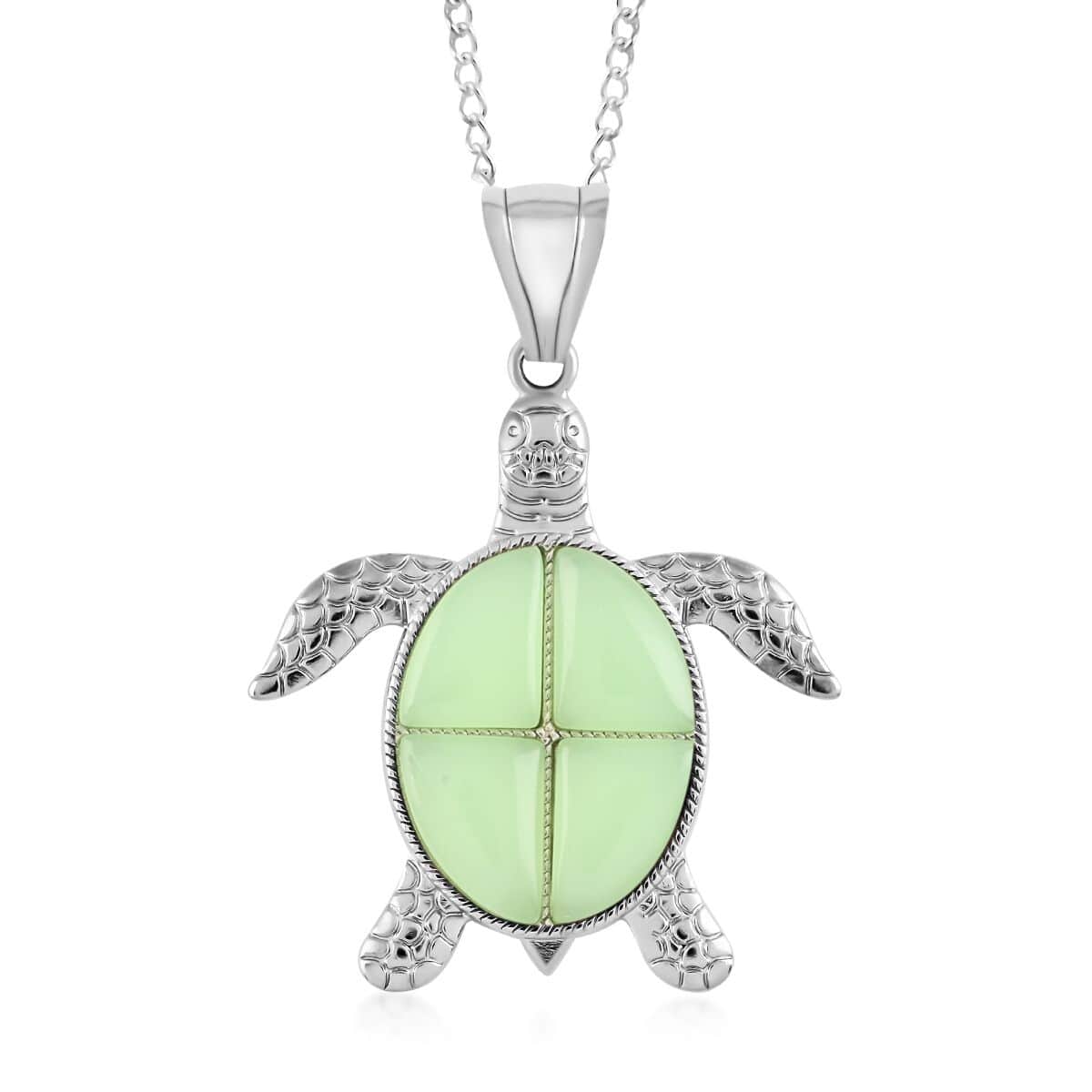 Green Aventurine Turtle Pendant Necklace 18 Inches in Silvertone 10.35 ctw image number 0