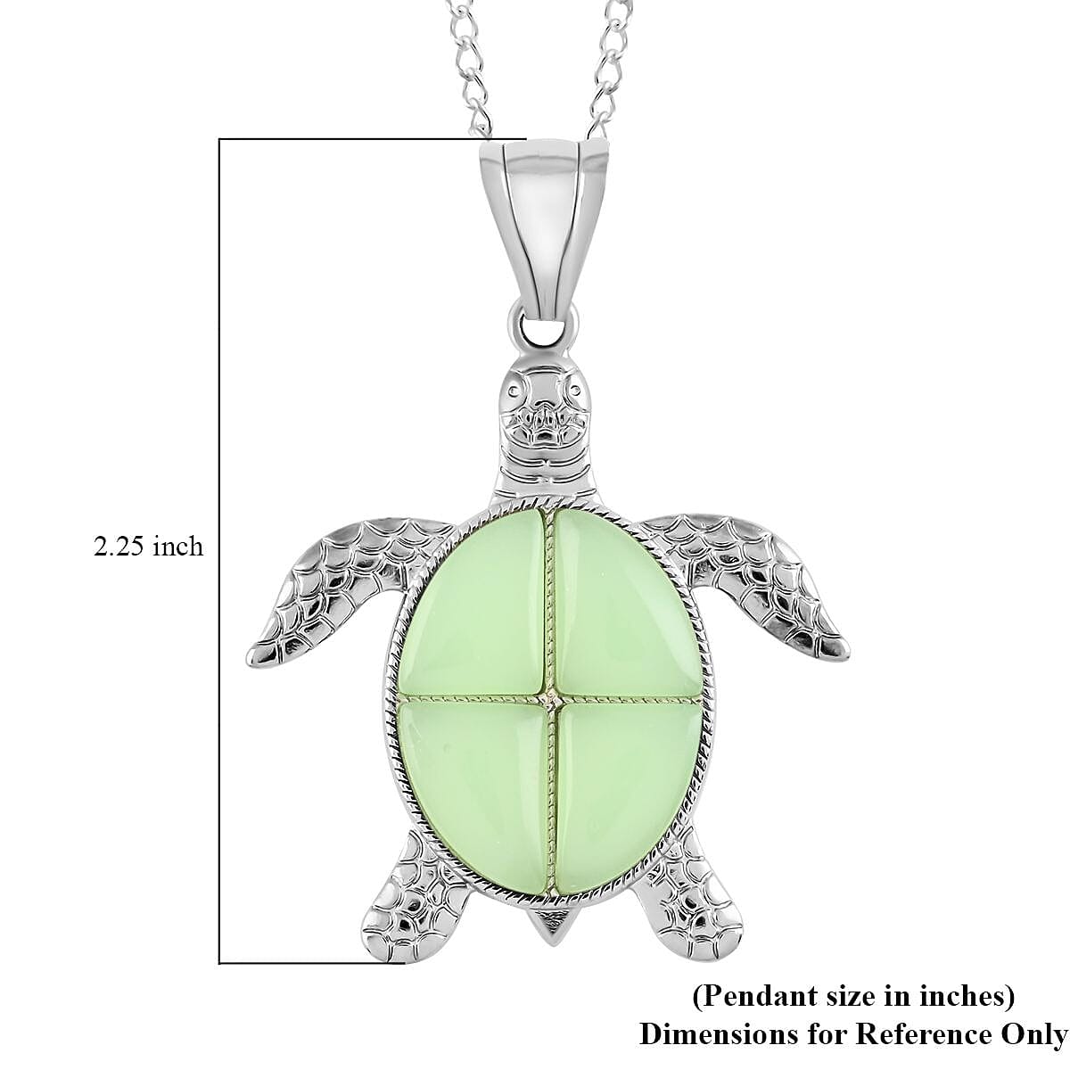 Green Quartz Turtle Pendant Necklace 18 Inches in Silvertone 10.35 ctw