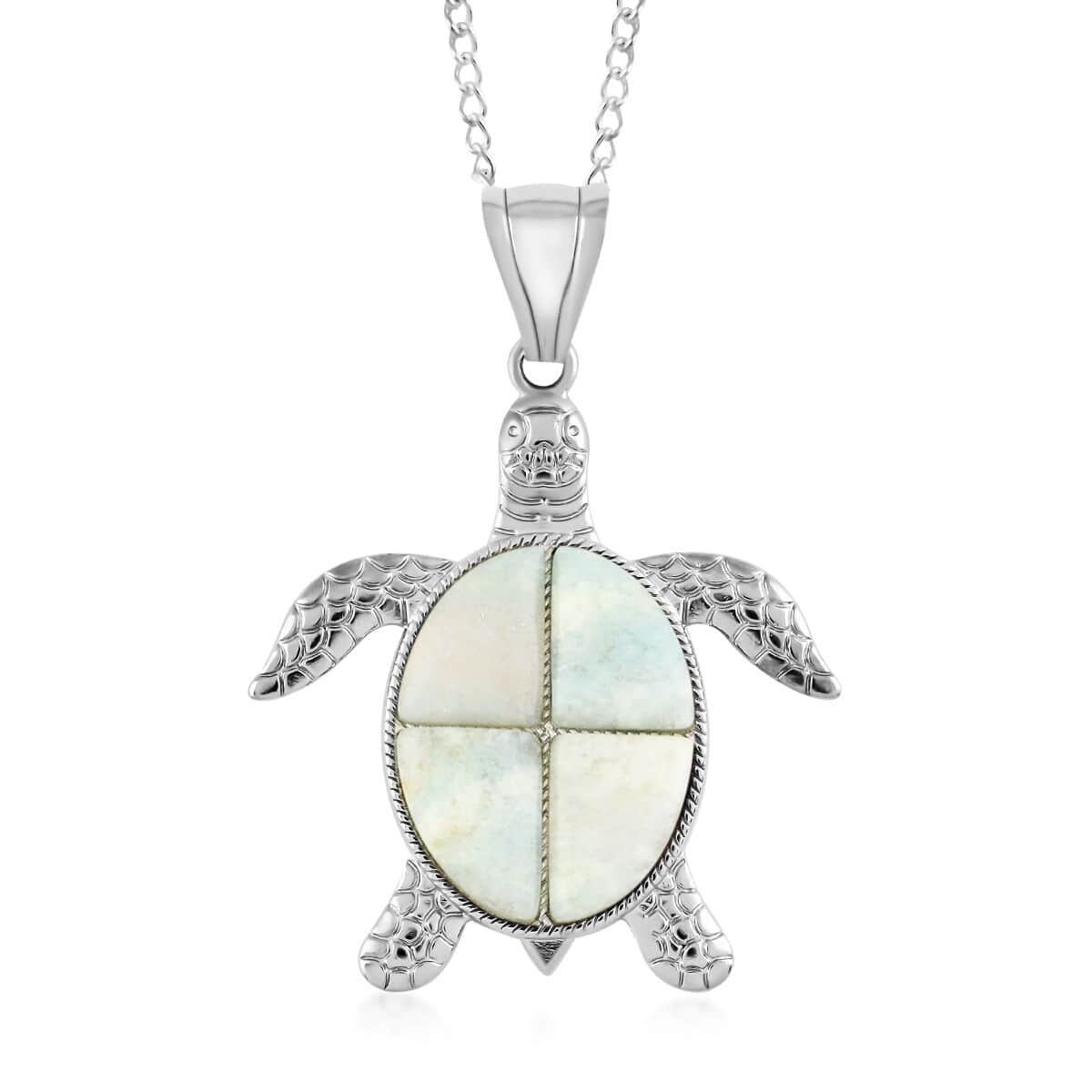 Blue Quartz Turtle Pendant Necklace 18 Inches in Silvertone 10.35 ctw image number 0