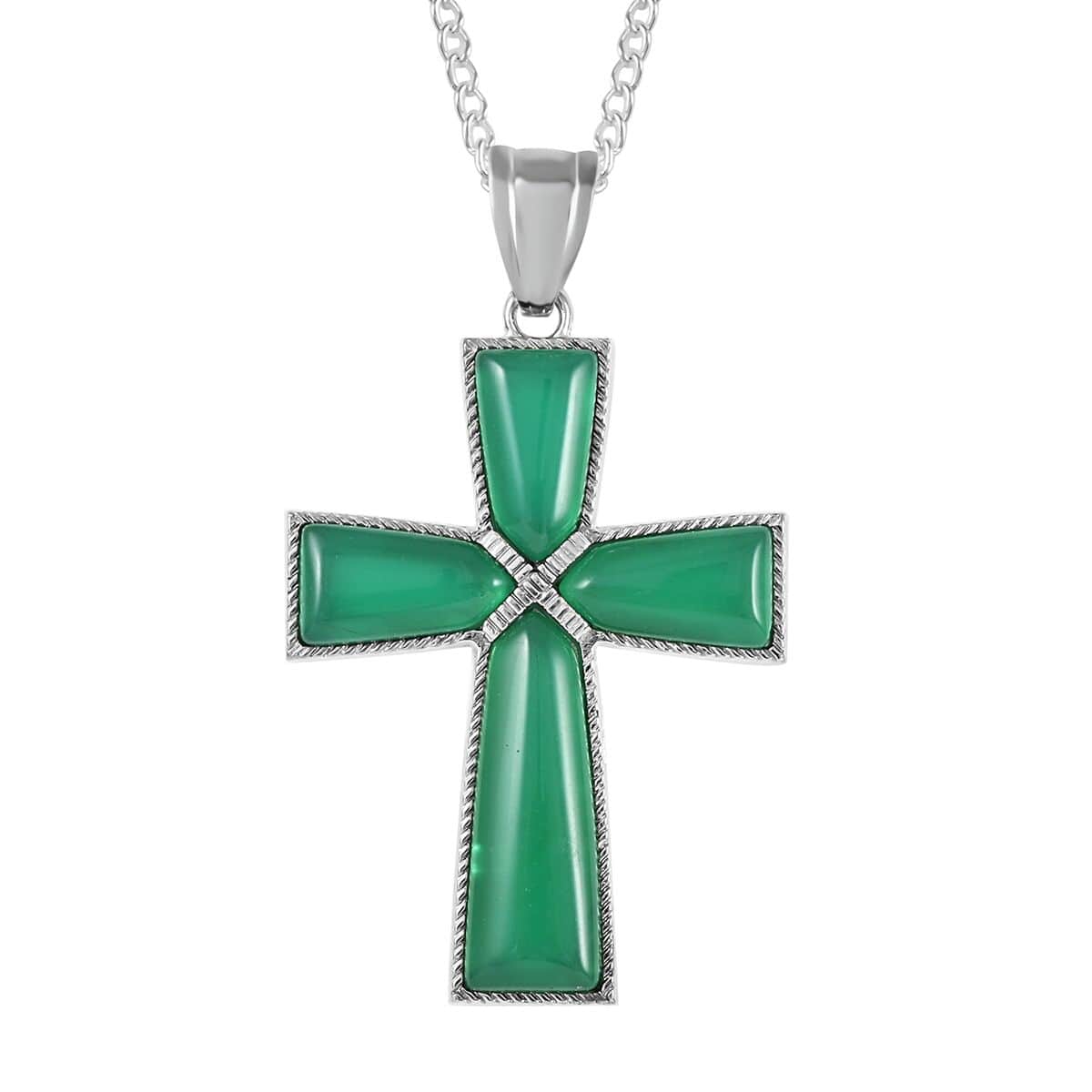 Chrysoprase Cross Pendant Necklace 18 Inches in Silvertone 12.25 ctw image number 0