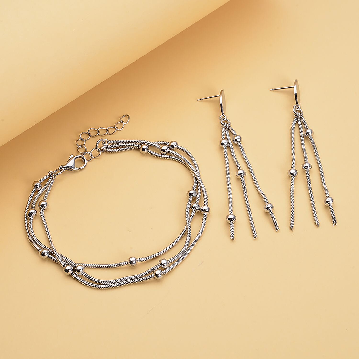 Dangle Earrings and Layered Bracelet (7.50-9.0In) in Stainless Steel | Tarnish-Free, Waterproof, Sweat Proof Jewelry