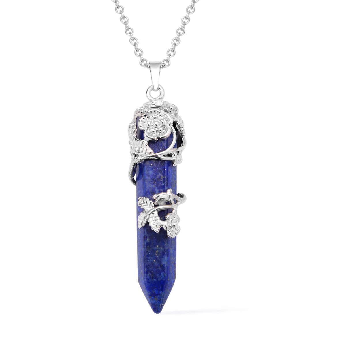 Lapis Lazuli Floral Vine Design Pendant Necklace 24 Inches in Stainless Steel 54.50 ctw image number 0