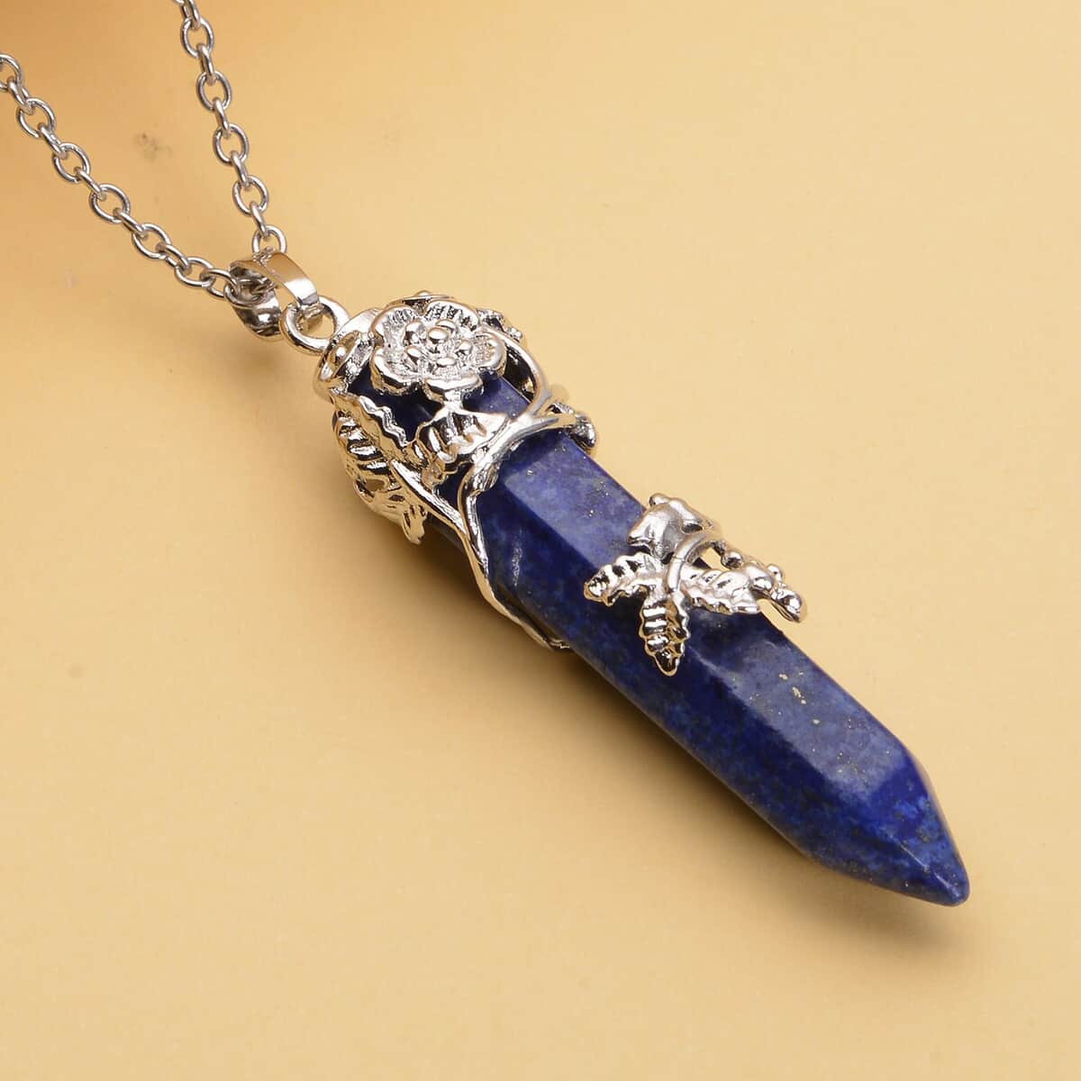 Lapis Lazuli Floral Vine Design Pendant Necklace 24 Inches in Stainless Steel 54.50 ctw image number 1