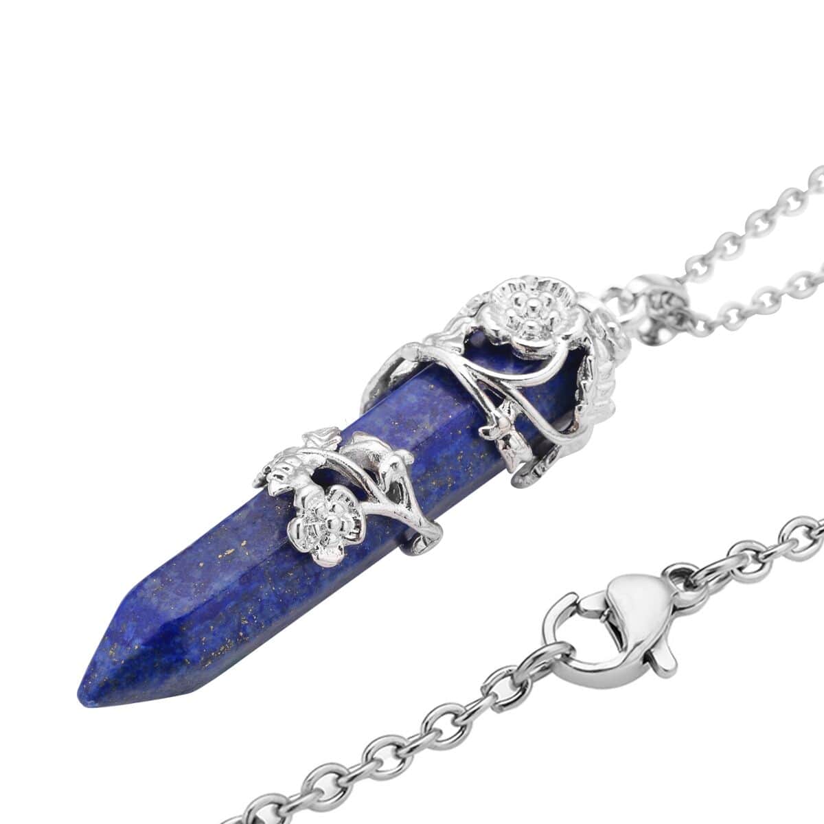 Lapis Lazuli Floral Vine Design Pendant Necklace 24 Inches in Stainless Steel 54.50 ctw image number 3