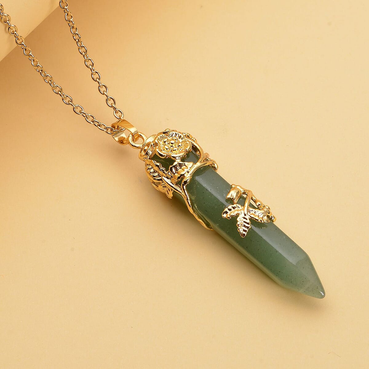 Green Aventurine Floral Vine Design Pendant Necklace 24 Inches in ION Plated Yellow Gold Stainless Steel 54.50 ctw image number 1