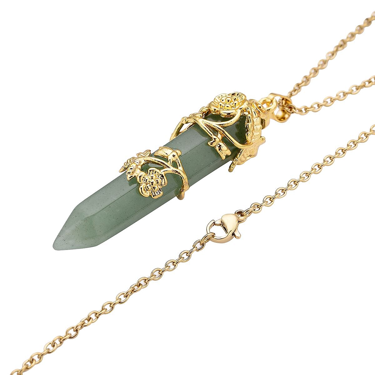 Green Aventurine Floral Vine Design Pendant Necklace 24 Inches in ION Plated Yellow Gold Stainless Steel 54.50 ctw image number 3