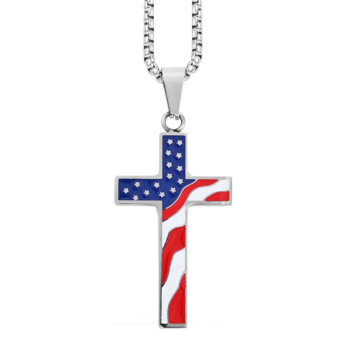 Enameled American Flag Cross Pendant Necklace 24 Inches in Stainless Steel image number 0