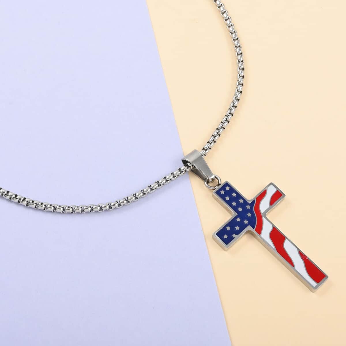 Enameled American Flag Cross Pendant Necklace 24 Inches in Stainless Steel image number 1