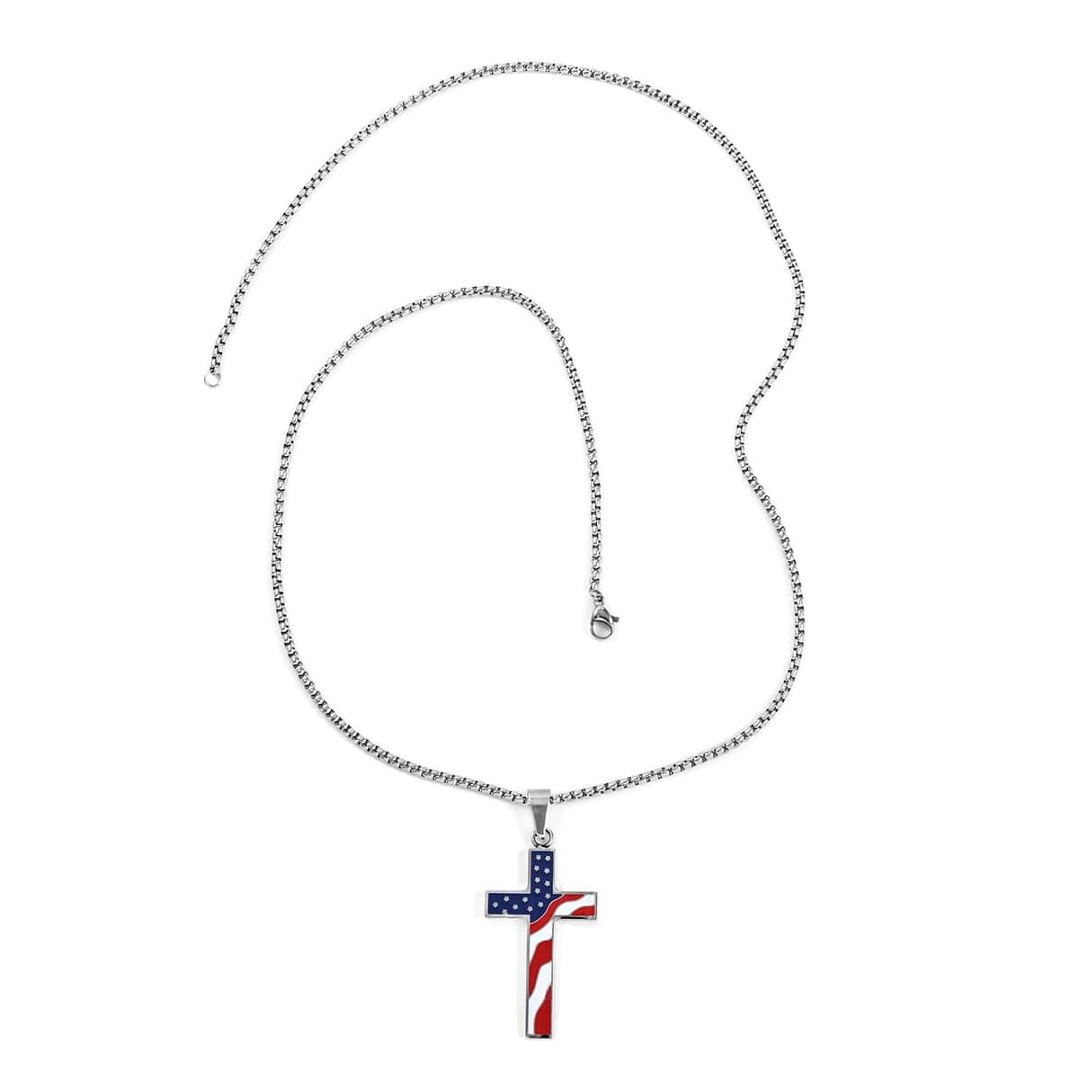 Enameled American Flag Cross Pendant Necklace 24 Inches in Stainless Steel image number 2