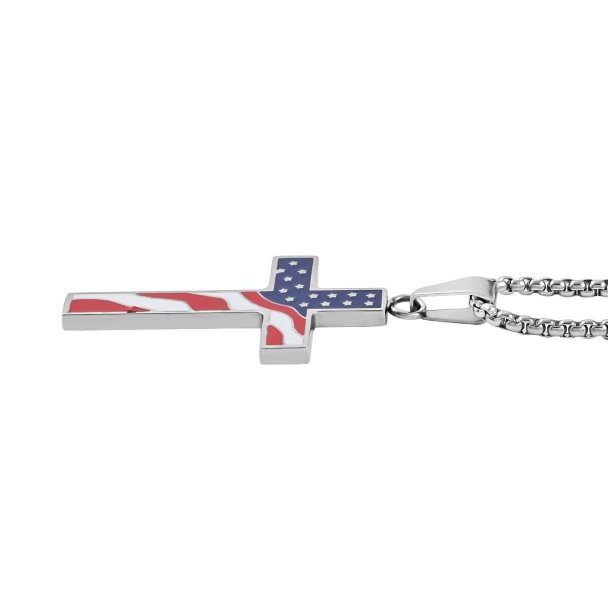 Enameled American Flag Cross Pendant Necklace 24 Inches in Stainless Steel image number 3