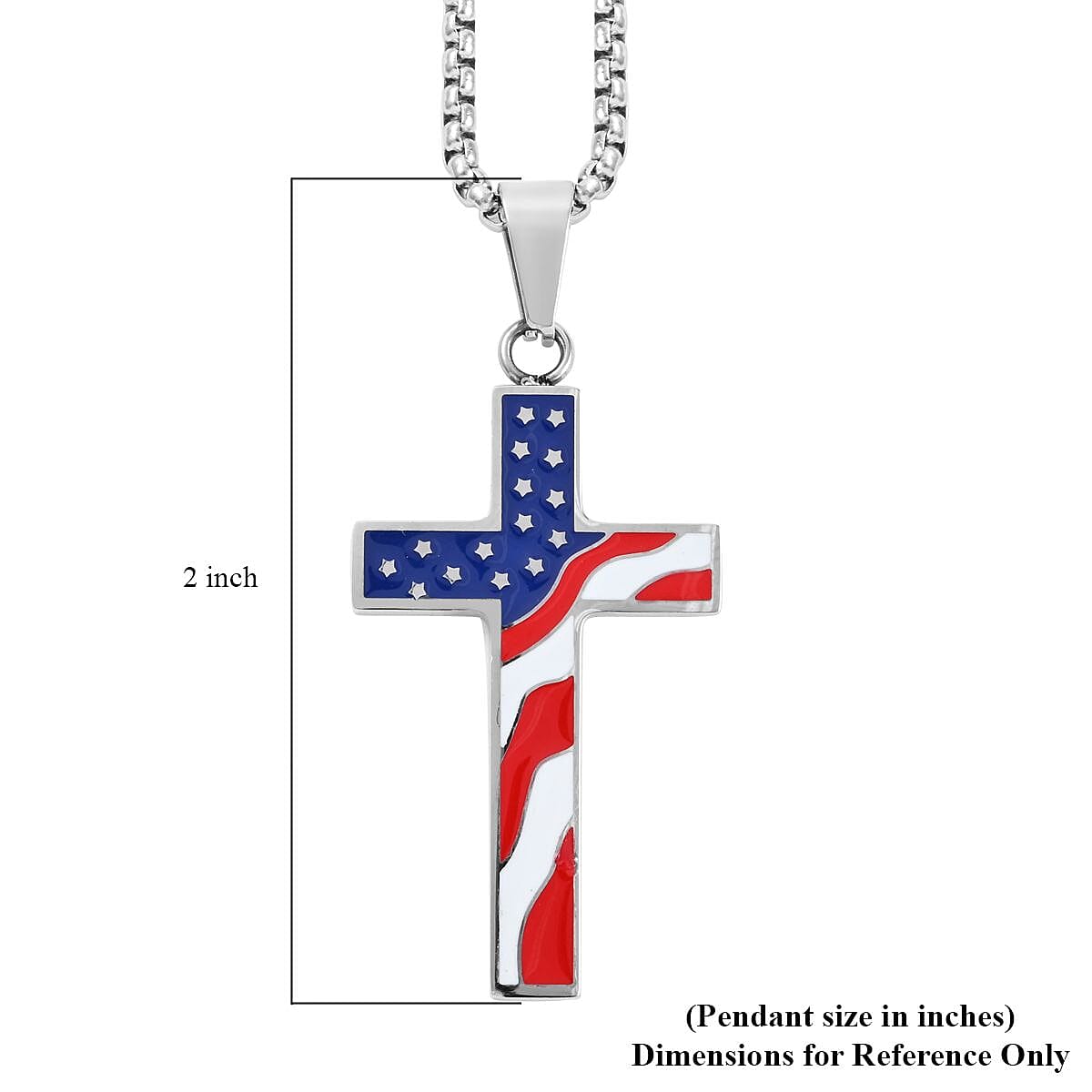 Enameled American Flag Cross Pendant Necklace 24 Inches in Stainless Steel
