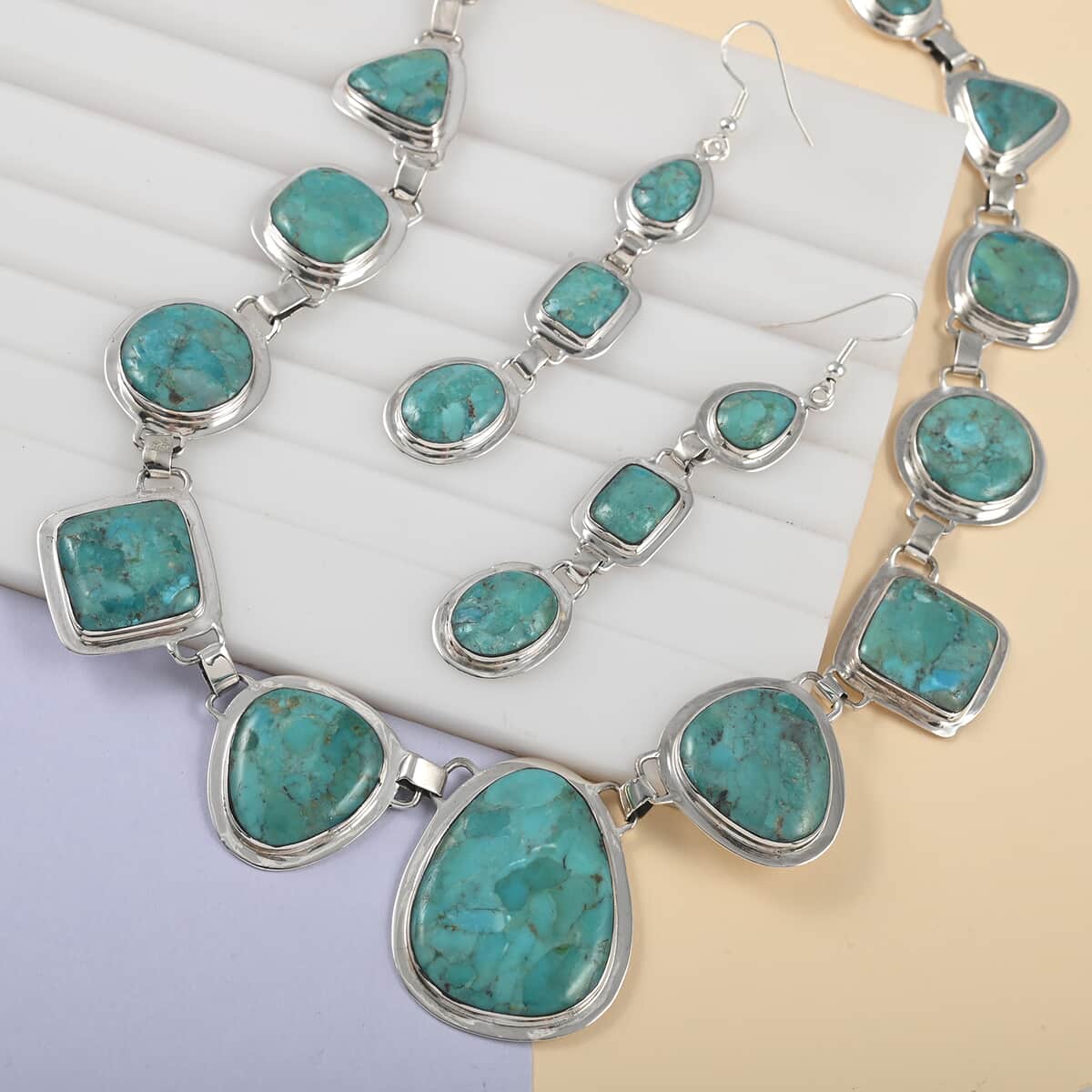 SANTA FE Style Kingman Turquoise Dangle Earrings and Statement Necklace 20 Inches in Sterling Silver 56.60 Grams 70.00 ctw image number 1