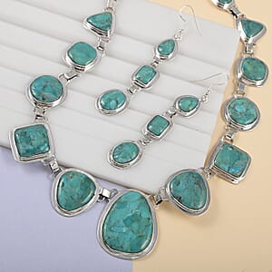 SANTA FE Style Kingman Turquoise Dangle Earrings and Statement Necklace 20 Inches in Sterling Silver 56.60 Grams 70.00 ctw