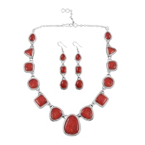 Santa Fe Style Enhanced Coral Dangle Earrings and Statement Necklace (20 Inches) in Sterling Silver 35.00 ctw
