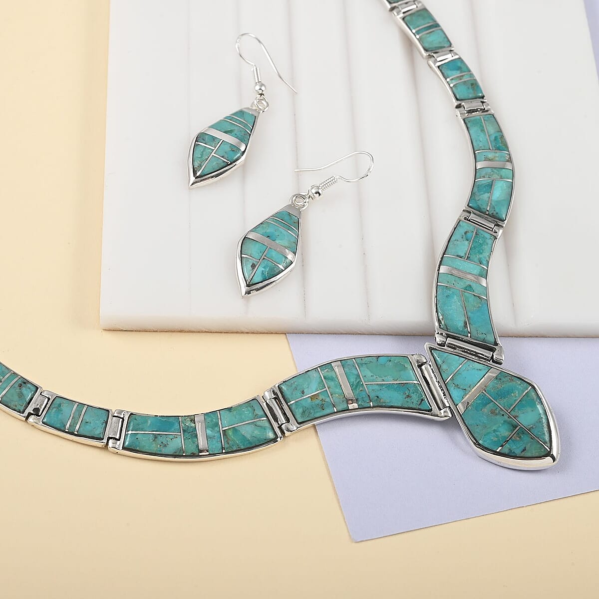 SANTA FE Style Kingman Turquoise Dangle Earrings and Necklace 16 Inches in Sterling Silver 56.60 Grams 81.00 ctw image number 1