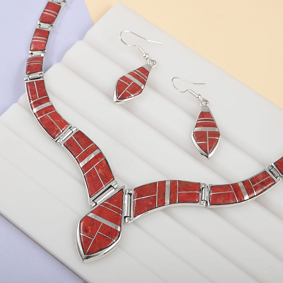 Santa Fe Style Coral Dangle Earrings and Necklace 16 Inches in Sterling Silver 57.65 Grams image number 1