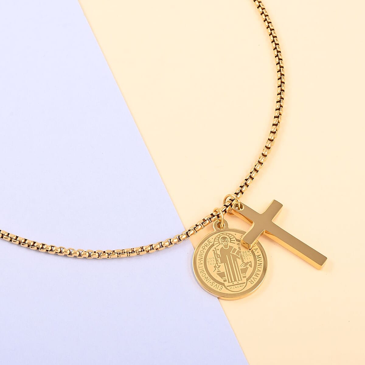 Round Religious & Cross Pendant Necklace 24 Inches in ION Plated Yellow Gold Stainless Steel 18.70 Grams image number 1
